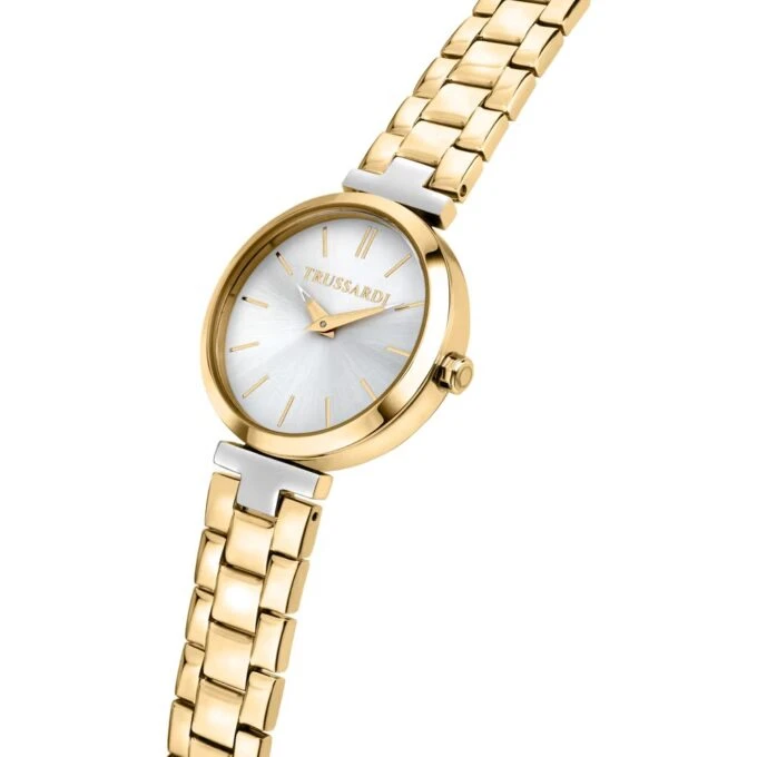 Montre Femme Trussardi Loud - Acier inoxydable, Cadran rond blanc 30mm, Bracelet bi-couleur doré, Résistante 50 Mètres - R2453164507