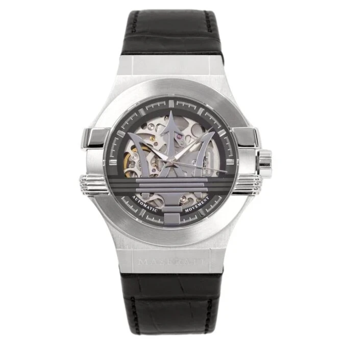 montre homme maserati potenza – r8821108038 – automatique – cadran 42 mm argenté – bracelet cuir noir – verre saphir – boucle ardillon – Étanchéité 100 mètres – garantie 2 ans – design Élégant avec trident central et rouages apparents verre saphir
