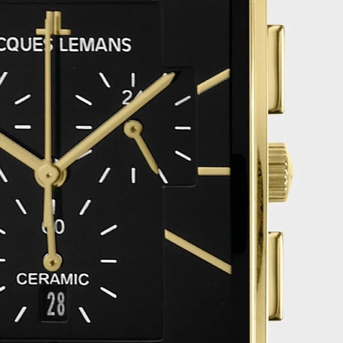 Montre Homme Jacques Lemans Chronographe Quartz, Verre Saphir, Bracelet Céramique et Acier, Boîtier Or et Acier, Cadran Noir, 50m Étanche, Ref 1-1900C