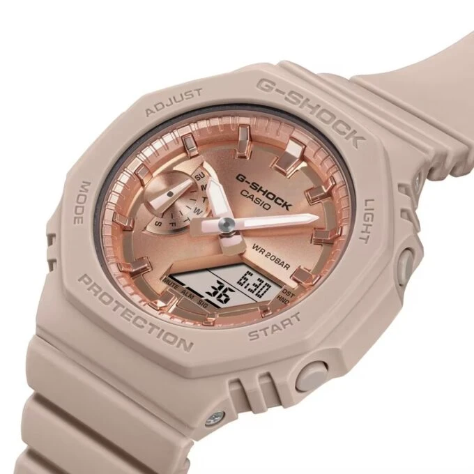 Montre Analogique-Digitale - G-Shock - Femme - Résistante aux Chocs, Étanche 20 ATM, Design Octogonal, Éclairage LED - Résine Renforcée Carbone - Rose Doré - GMA-S2100MD-4ADR
