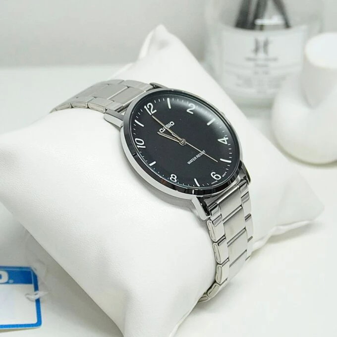 Montre Analogique Casio Pour Homme, Minimaliste, Bracelet en Acier Gris, Cadran Noir Concave, 3 Aiguilles - MTP-VT03D-1BDF