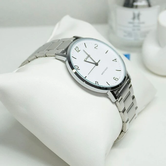 Montre Analogique Casio Pour Homme, Minimaliste, Bracelet en Acier, Cadran Blanc Concave, 3 Aiguilles - MTP-VT03D-7BDF