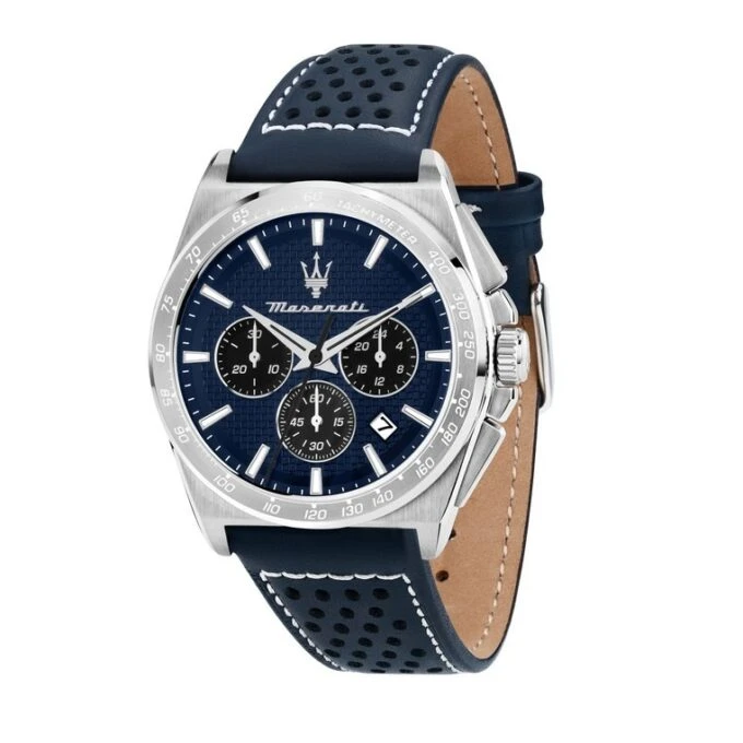 Montre Maserati Homme - Chronomètre - 1/1 seconde, 30 minutes - Calendrier - 43mm Étanche 100m - Cadran Bleu Bracelet Cuir - R8871652001