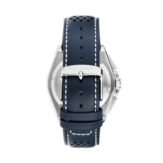 Montre Maserati Homme - Chronomètre - 1/1 seconde, 30 minutes - Calendrier - 43mm Étanche 100m - Cadran Bleu Bracelet Cuir - R8871652001