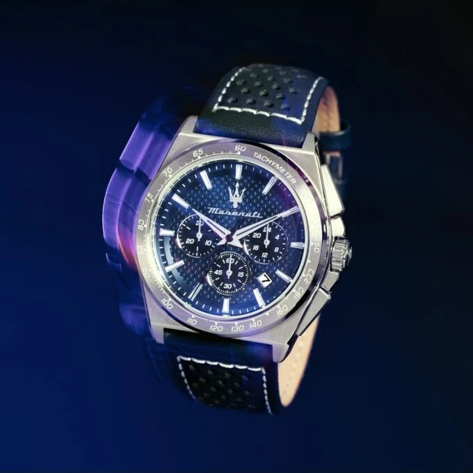 Montre Maserati Homme - Chronomètre - 1/1 seconde, 30 minutes - Calendrier - 43mm Étanche 100m - Cadran Bleu Bracelet Cuir - R8871652001