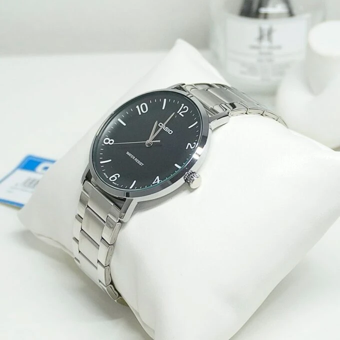 Montre Analogique Casio Pour Homme, Minimaliste, Bracelet en Acier Gris, Cadran Noir Concave, 3 Aiguilles - MTP-VT03D-1BDF