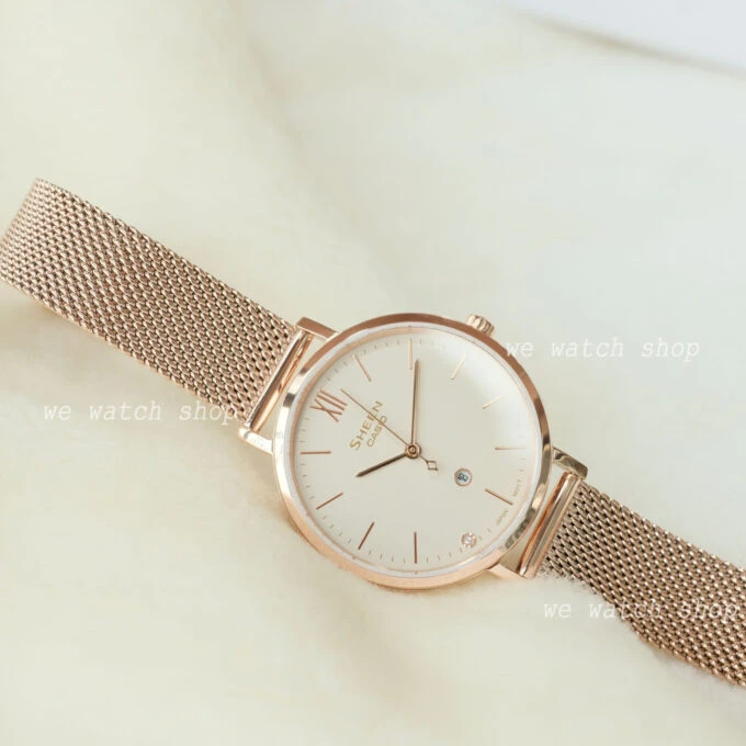 Montre Classique Femme - Casio Sheen SHE-4539CGM-4AUDF - Acier Inoxydable, Bracelet Maille, Rose Doré, Étanche - Boutique Aïwatch