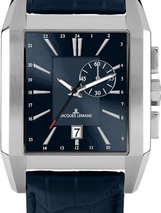 Montre Homme Jacques Lemans - Quartz ISA - 1-2162B – Double Fuseau Horaire, Cadran Bleu Soleil, Boîtier Acier Inox, Bracelet Cuir Noir, Date - 1-2162B