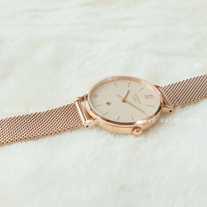 Montre Classique Femme - Casio Sheen SHE-4539CGM-4AUDF - Acier Inoxydable, Bracelet Maille, Rose Doré, Étanche - Boutique Aïwatch