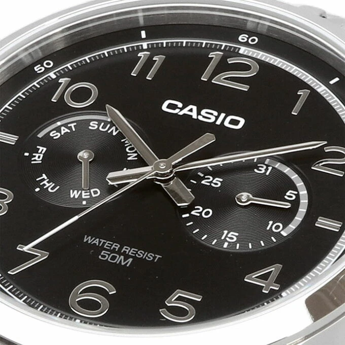 Montre Classique Homme - Casio MTP-E340D-1AVDF - Acier Inoxydable, Bracelet Métal, Étanche, Affichage Analogique - Argenté/Noir - Référence MTP-E340D-1AVDF