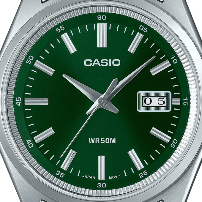 Montre homme Casio MTP-B180D-3AVDF - Acier inoxydable, bracelet métal, verre minéral, étanche 50m, date, précision ±20s/mois - Vert, référence MTP-B180D-3AVDF