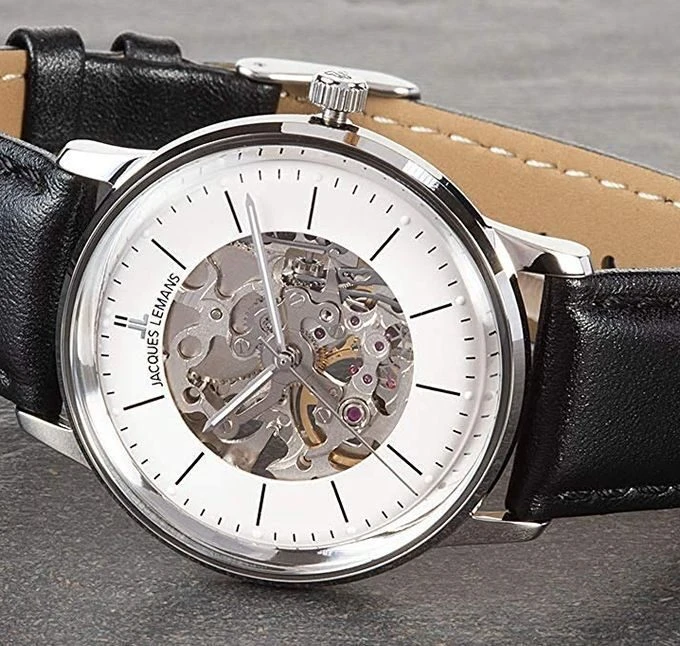 Homme Mécanique Jacques Lemans – Acier Inoxydable Argenté, Cadran Argenté, Bracelet Cuir Noir, Verre Minéral, Ø 38 mm - N-207ZA