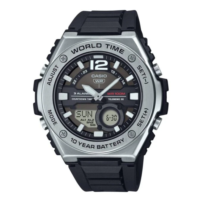 Montre Casio Homme - 100M Resistante à l'eau - Acier Inoxydable - Heure mondiale/Compte à rebours/Calendrier automatique/Alarmes multiples/Chronographe 100 SEC - Batterie de 10 ans- MWQ-100-1AVDF