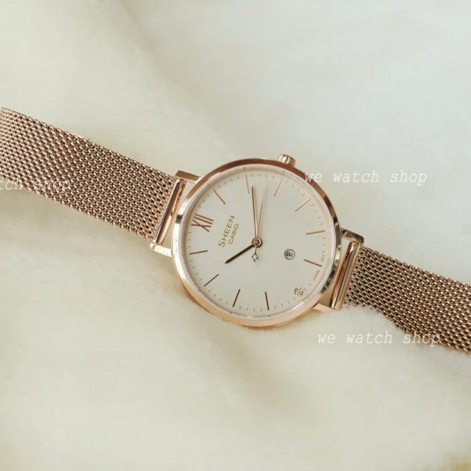 Montre Classique Femme - Casio Sheen SHE-4539CGM-4AUDF - Acier Inoxydable, Bracelet Maille, Rose Doré, Étanche - Boutique Aïwatch