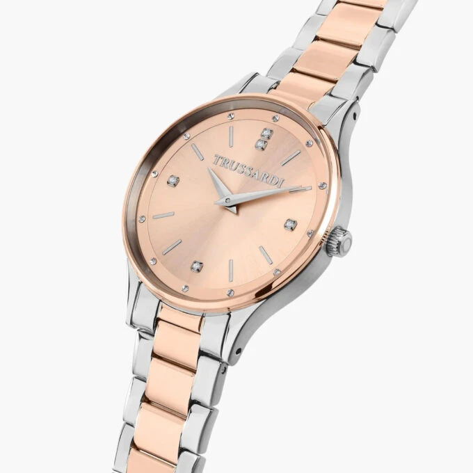 Montre Femme Trussardi T-Star 34 mm - Acier Argenté, Bracelet Métal Argent et Or Rose, Verre Minéral, Etanche 50 Mètres, Boucle Déployante, Garantie 2 Ans - R2453152511