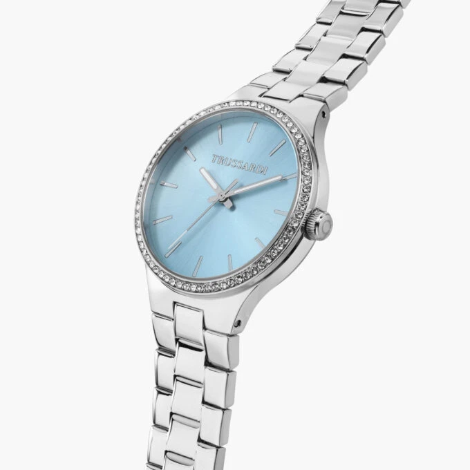 Montre femme Trussardi T-Essenza, acier poli 32mm, quartz, bracelet acier argent, verre minéral, étanche 5 ATM, boucle déployante, garantie 2 ans, référence R2453172506