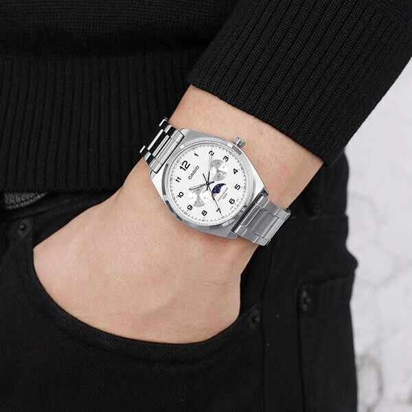 montre classique homme casio analogique phase de lune, date, jour, Étanche 50m acier inoxydable blanc mtp m300d 7avdf