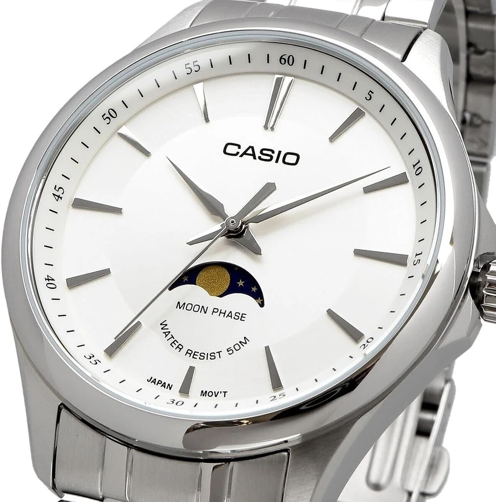 montre classique homme casio analogique phase de lune, date, jour, Étanche 50m acier inoxydable blanc mtp m300d 7avdf