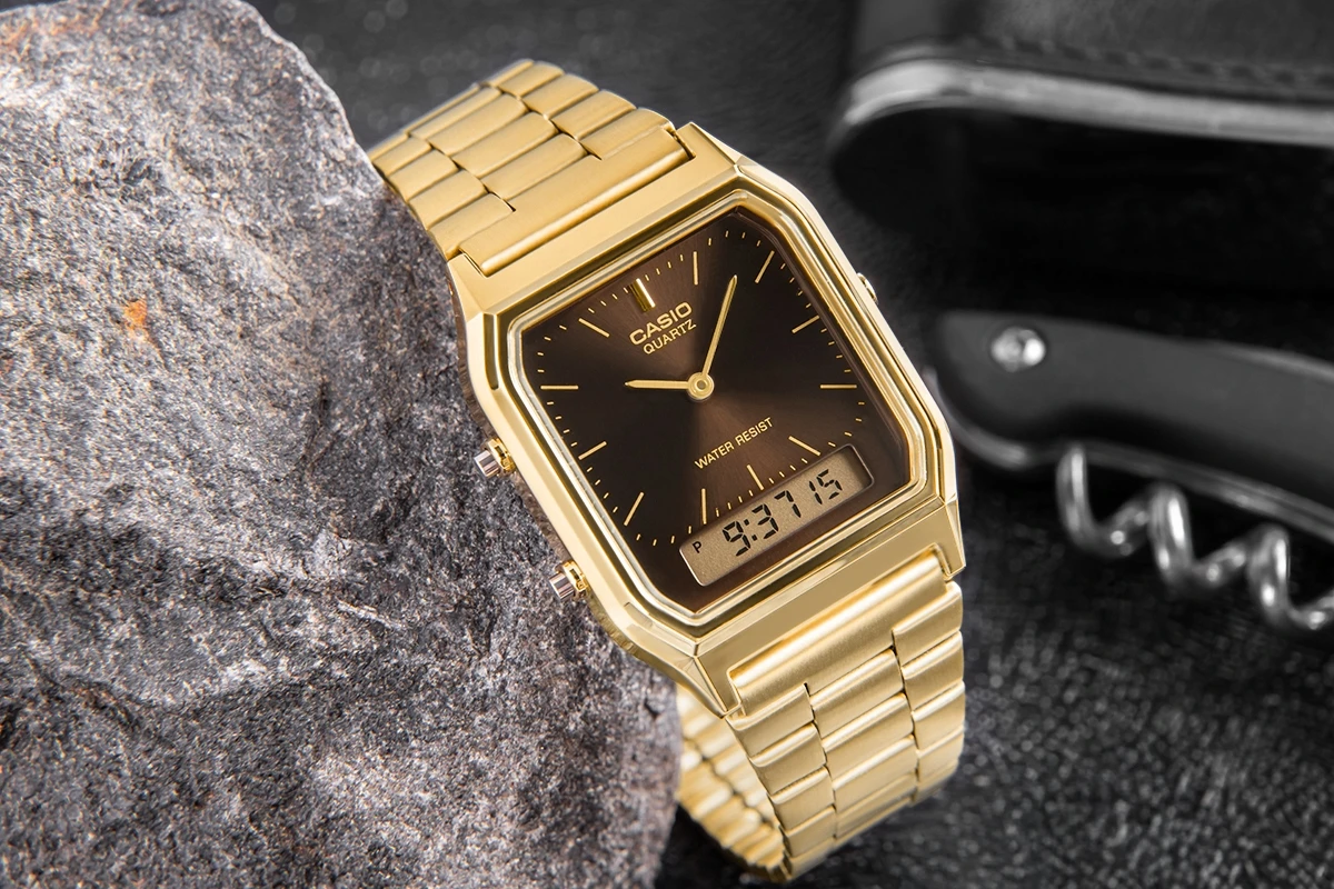 montre classique casio unisexe design vintage, bracelet métallique, résistance à leau, fonction chronographe acier inoxydable argenté aq 230ga 5amqydf