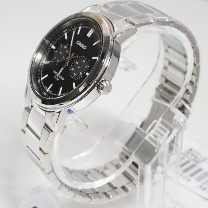 Montre Classique Homme - Casio MTP-E335D-1EVDF - Acier Inoxydable, Dateur, Bracelet Métal, Cadran Noir, Étanche - Référence MTP-E335D-1EVDF