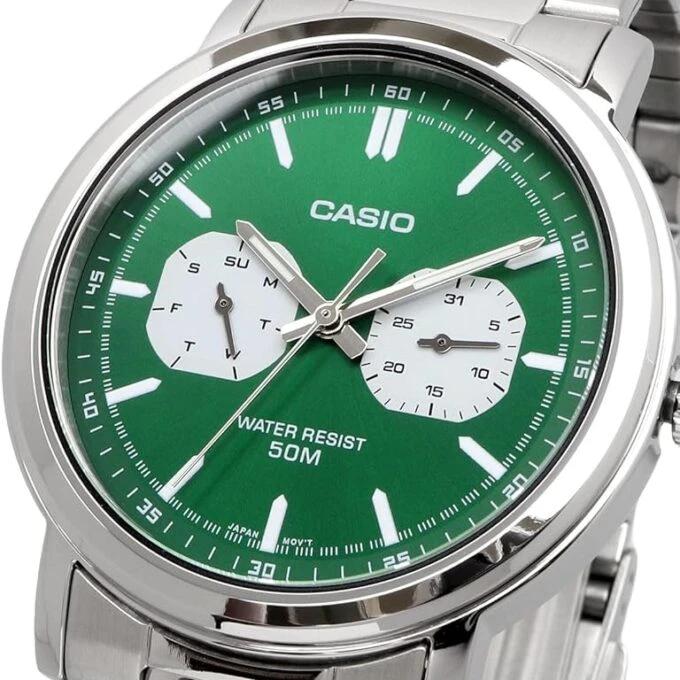 Montre Classique Homme - Casio - Acier Inoxydable, Étanche 50m, Bracelet Métal, Cadran Vert - Réf. MTP-E335D-3EVDF